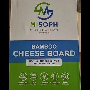 NIB Misoph Organic BPA free Bamboo Cheese Board W. Cheese Knives, forks, & bowls